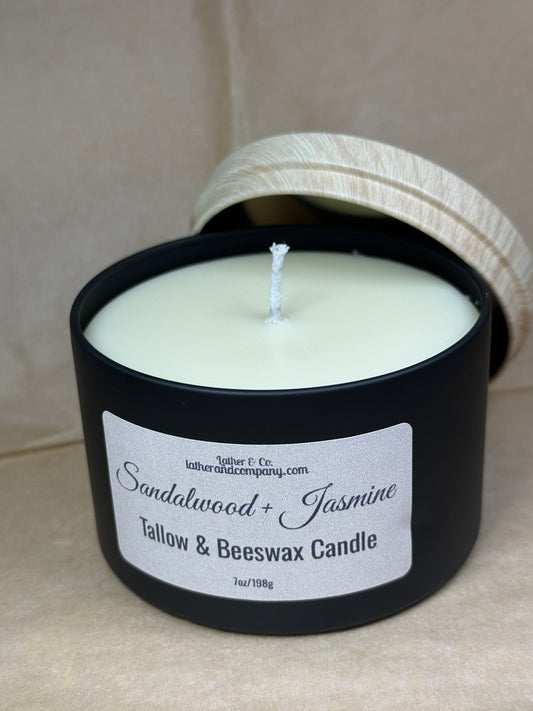 Candle with a label on a beige surface