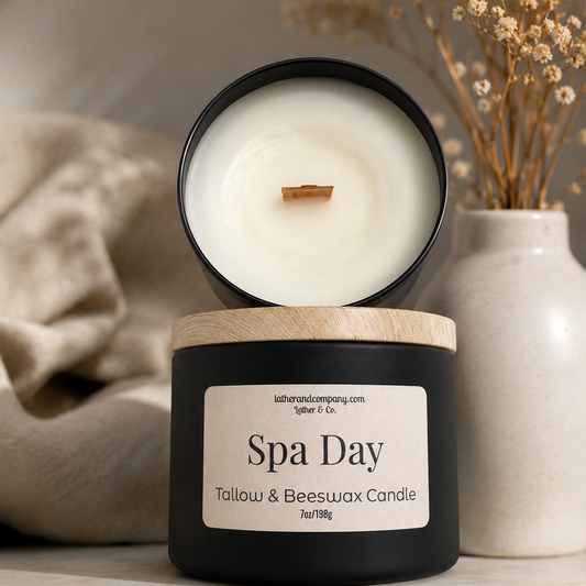 Candle labeled 'Spa Day' with wooden like lid on a textured surface with dried plants. Wooden wick.