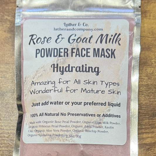 Rose & Goat Milk Powder Face Mask packaging on a wooden surface