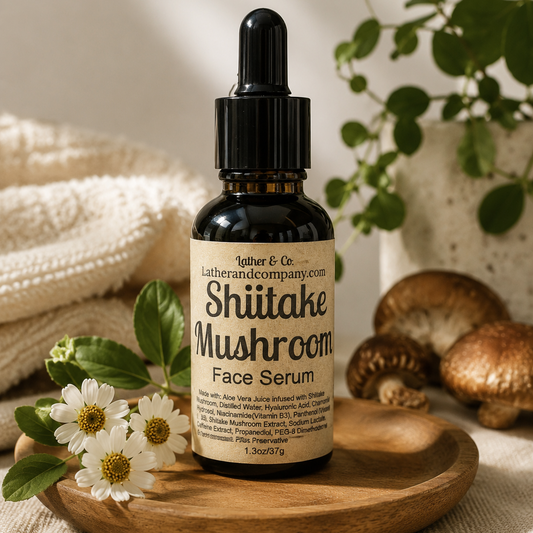 A bottle of Lather & Co. Shiitake Mushroom Face Serum sits on a small wooden tray, surrounded by white daisy flowers, green leaves, and brown mushrooms on a neutral textured fabric background.