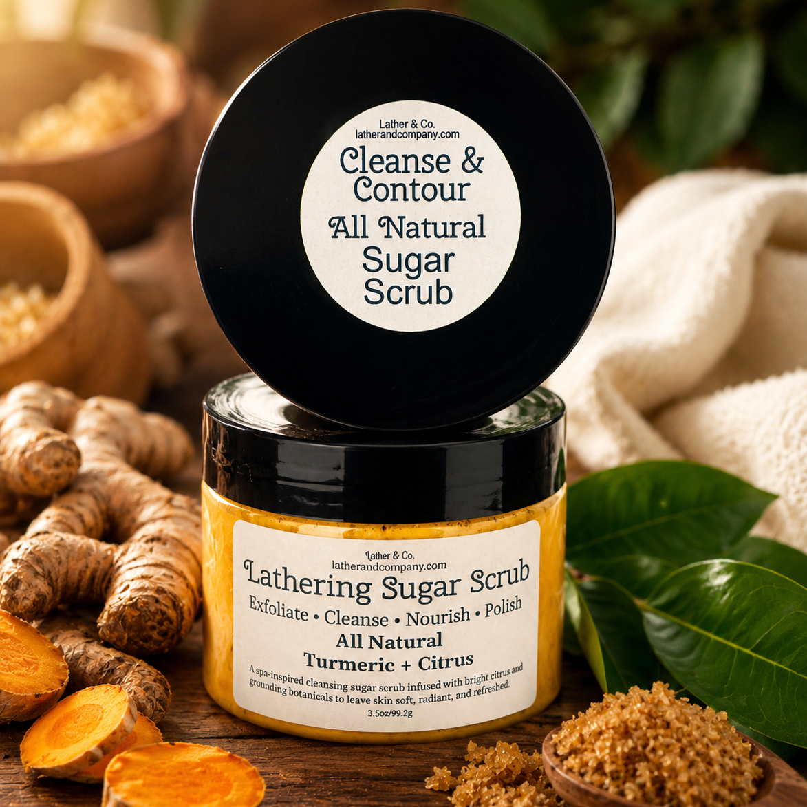 Jar of Lathering Sugar Scrub with turmeric and leaves on a wooden surface