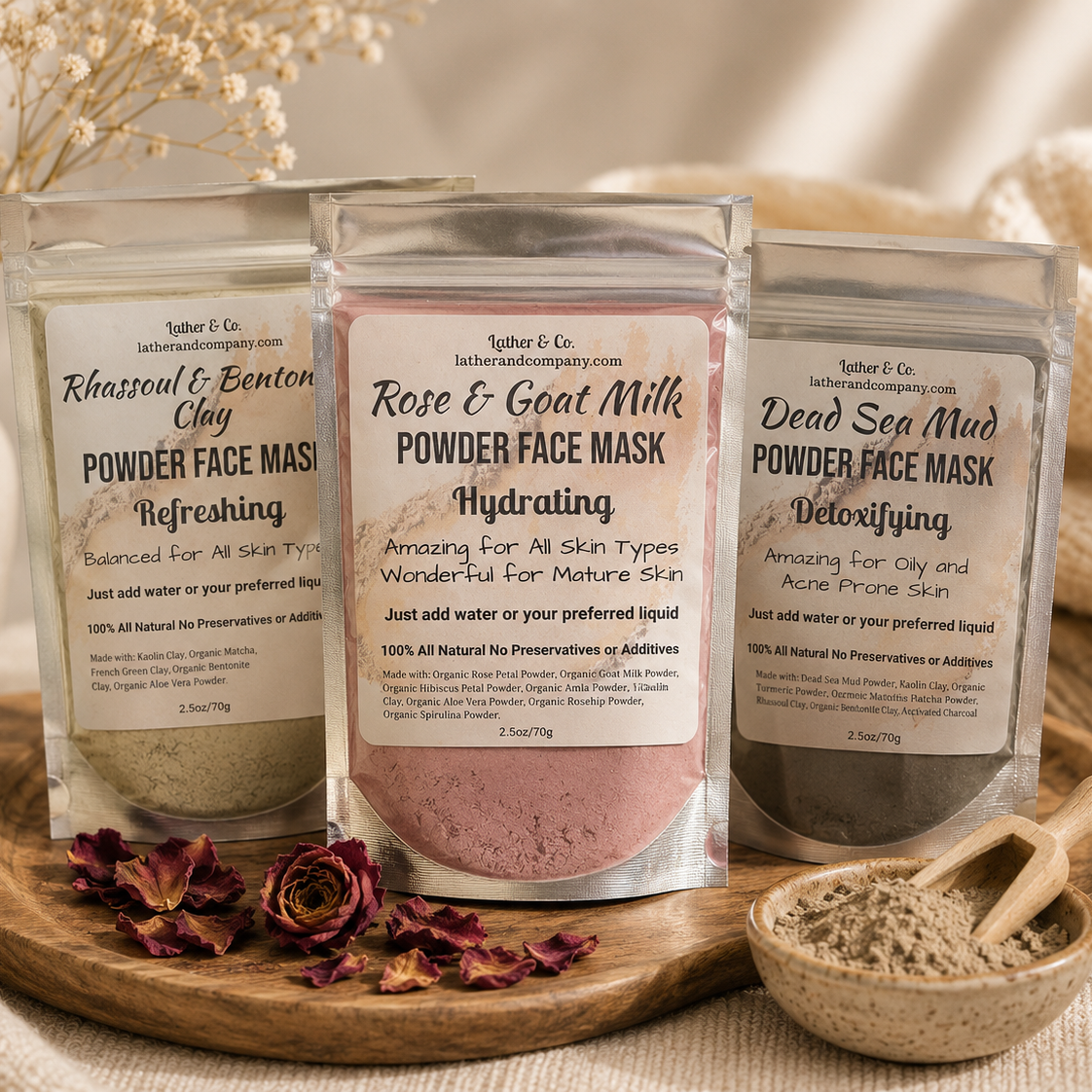 Three clear plastic pouches of Lather  & Co powder face masks are arranged on a round wooden tray with dried rose petals and a small wooden scoop, set on a beige fabric surface.
