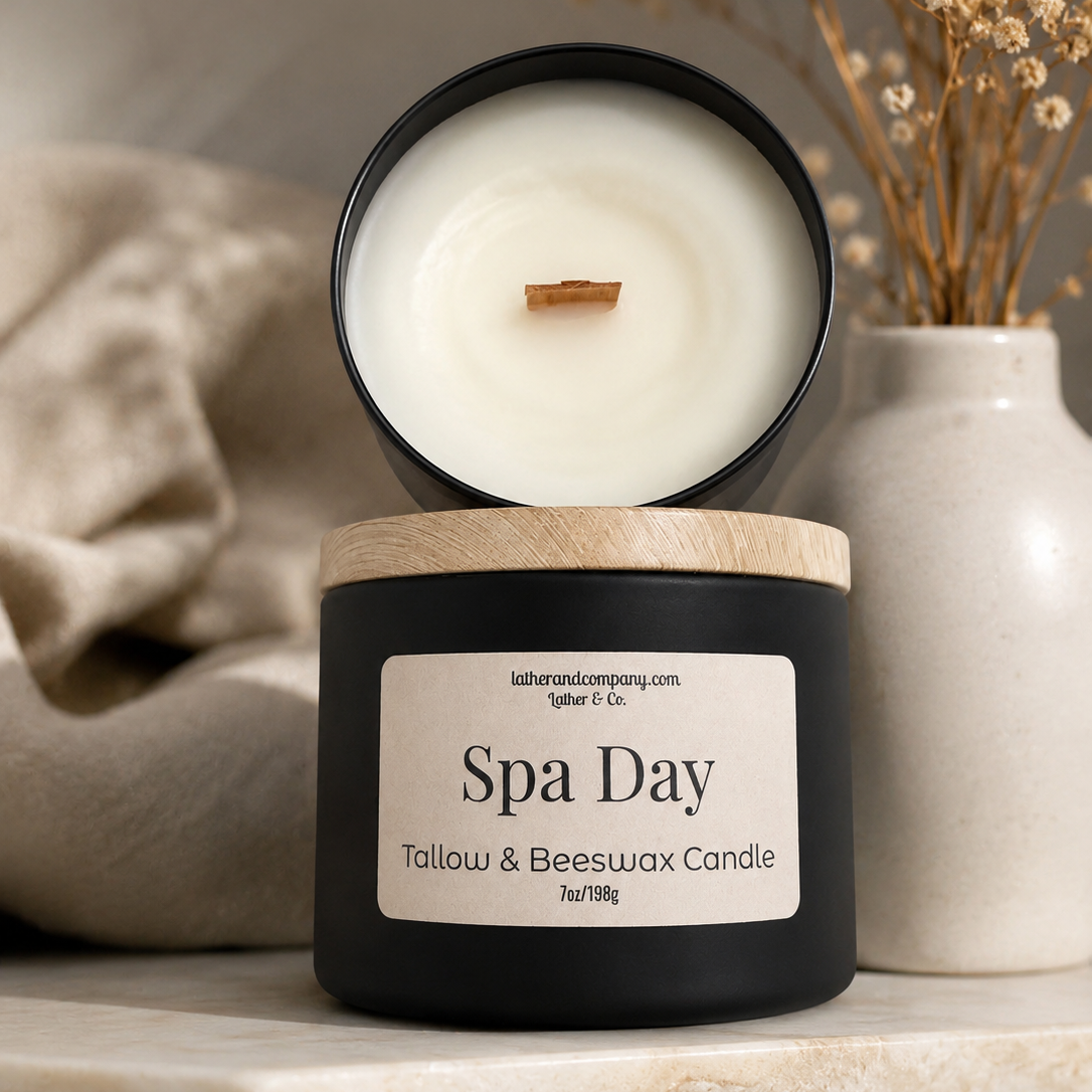 Candle labeled 'Spa Day' with a wooden lid on a neutral background