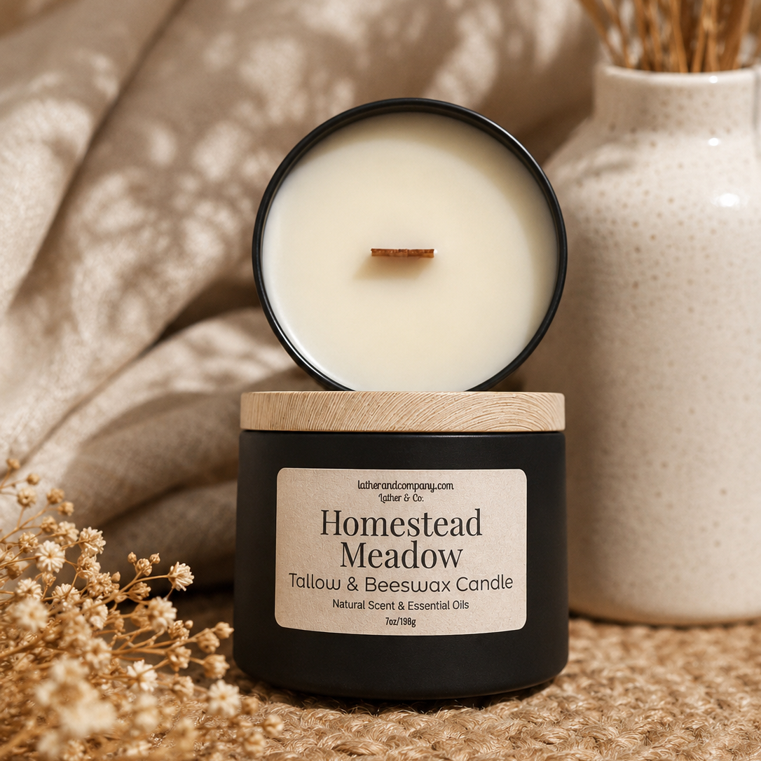 Homestead Meadow candle with wooden lid on a textured surface with dried plants.