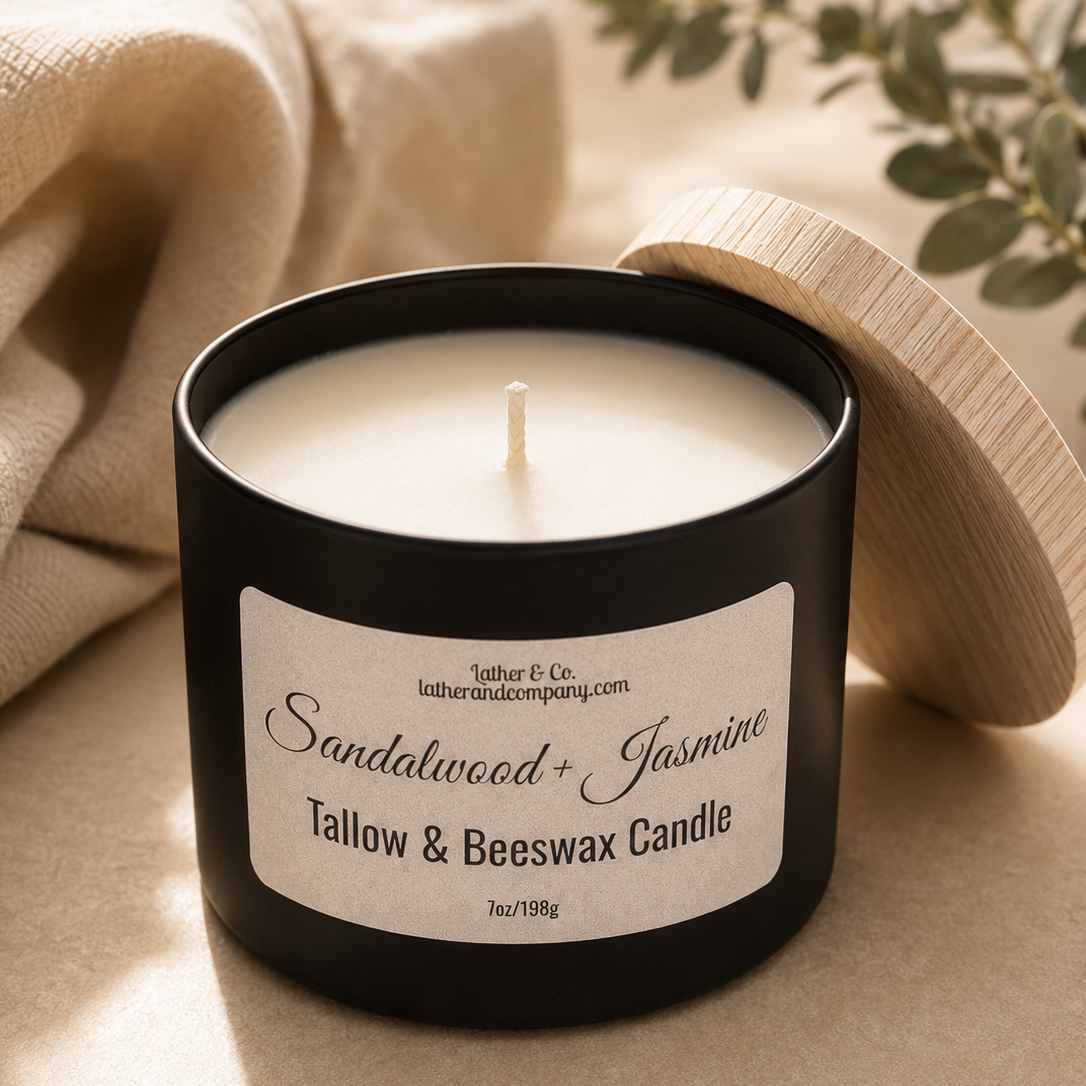 Scented candle with a label on a beige surface with a wooden spoon and green leaves in the background.