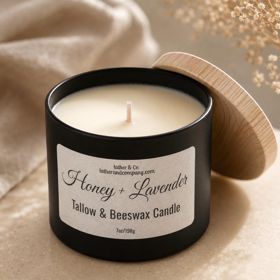 Honey + Lavender candle in a black container on a soft beige background