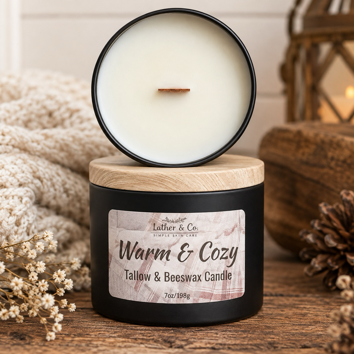 A black jar candle with a light wood lid propped open, showing the white wax and wick. The front label reads 'Lather & Co.